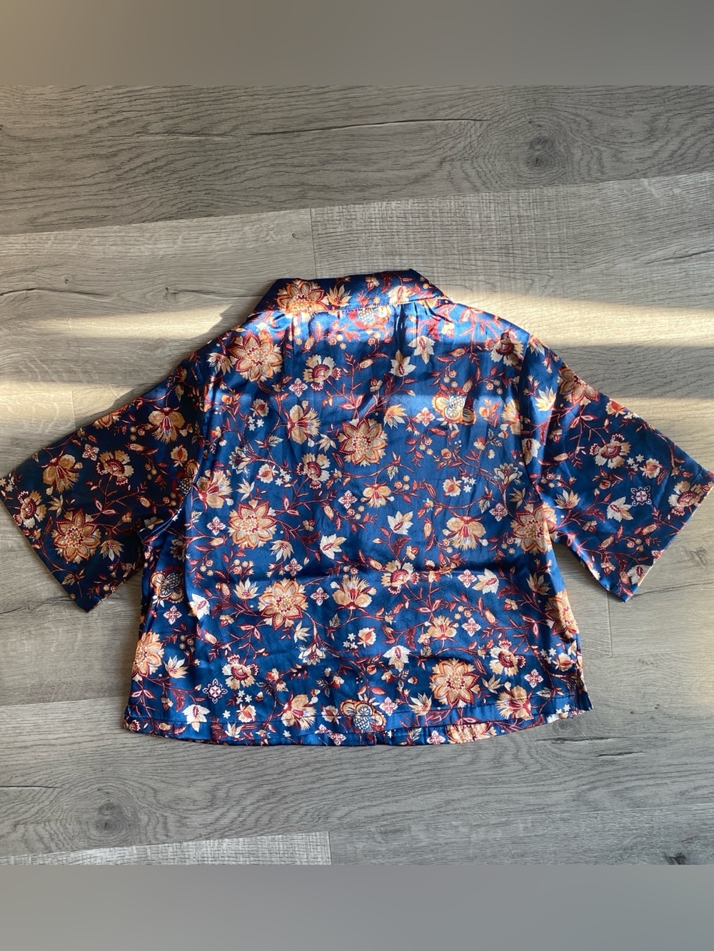 Blue & Orange Haute Hippie Floral Short Sleeve Button Down Kimono Blouse Medium - Picture 2 of 5